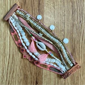 Hipanema Multi-Strand Beaded Cuff Bracelet | Pink White Gold | Cowrie Shell